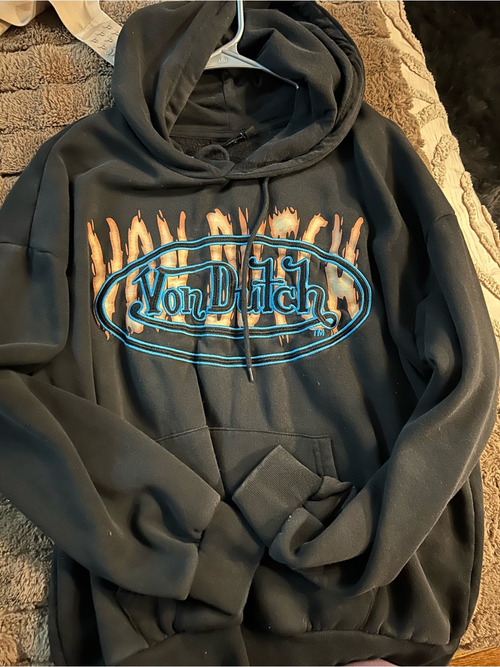 Von Dutch Black Crewneck Hoodie with Orange Flame and Blue Logo